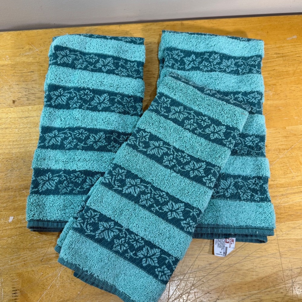 Cannon Hand Towel Set 3pc Teal Green Floral Stripe Vtg 29x16 Cotton Made in USA